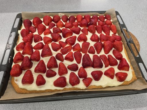 Lernen durch Engagement Blechkuchen mit Vanillecreme und frischen Erdbeeren obendrauf.