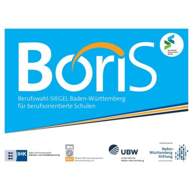 Berufswahl-SIEGEL Baden-Württemberg Logo von BorIS, Berufsbildende Schulen Baden-Württemberg, mit deskriptiven Symbolen.