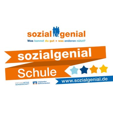 Sozial genial Schule Logo von „sozial genial Schule“ mit bunten Sternen und stylisiertem Hintergrund.