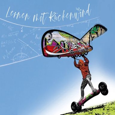 Lernen mit Rückenwind Person mit einem Lenkdrachen auf einem Skateboard, umgeben von grafischen Elementen.